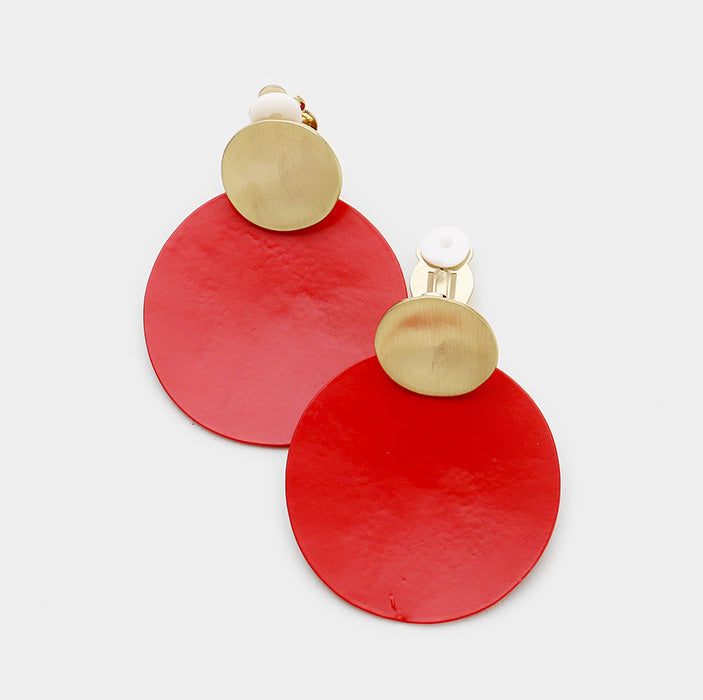 Clip on 2 1/4" matte gold and red painted double circle dangle earrings
