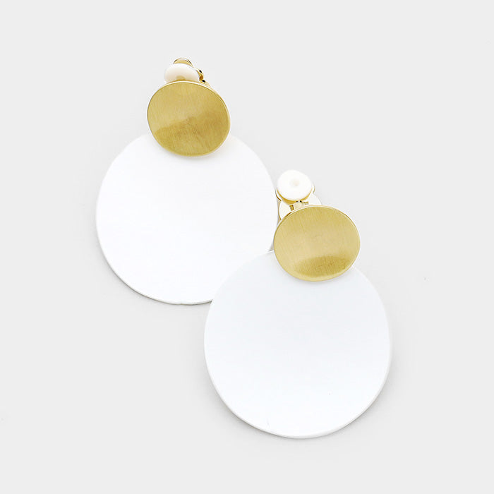 Clip on 2 1/4" matte gold and white painted double circle dangle earrings