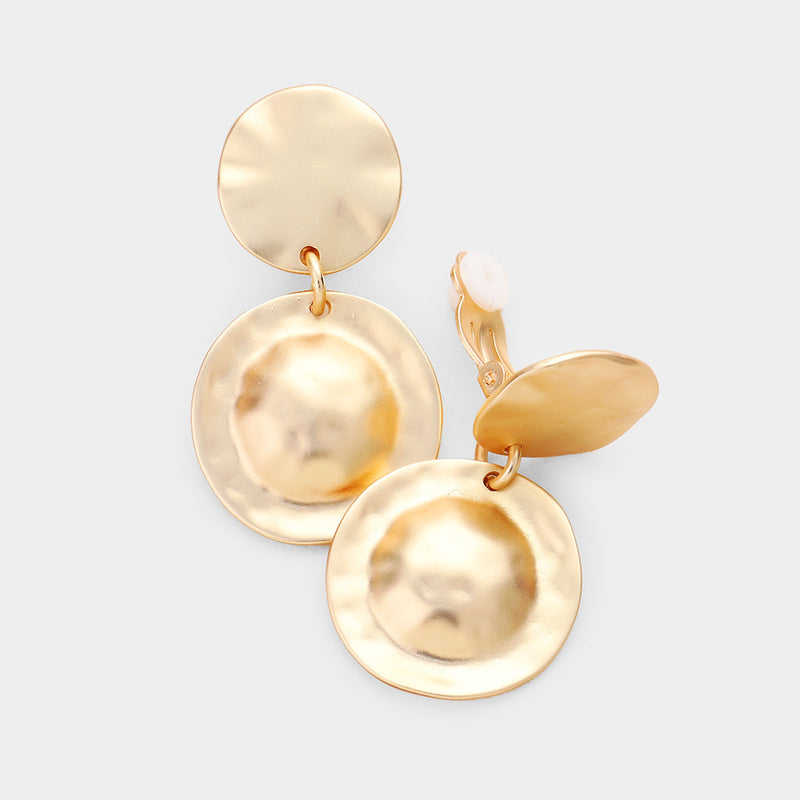 Clip on 1 3/4" matte gold raised hammered dangle earrings