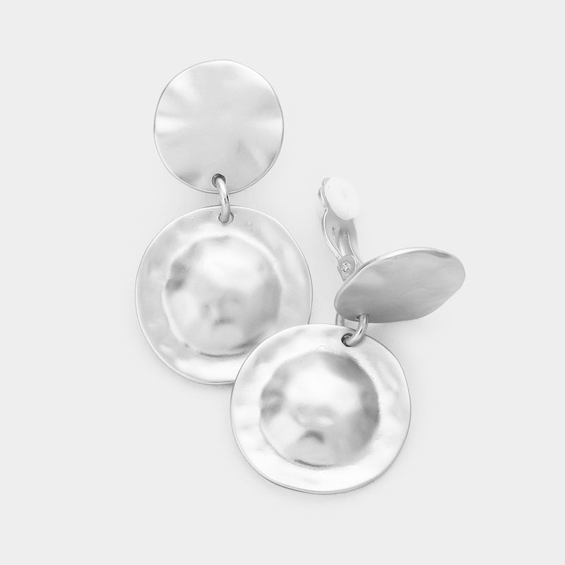 Clip on 1 3/4" matte silver raised hammered dangle earrings