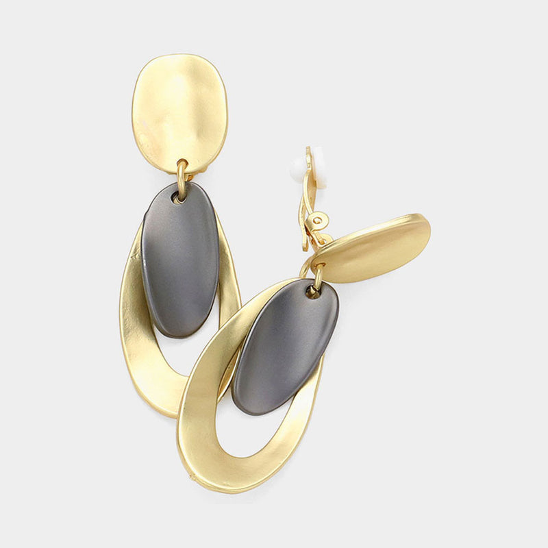 Clip on 2 1/4" matte gold and gray layered dangle earrings