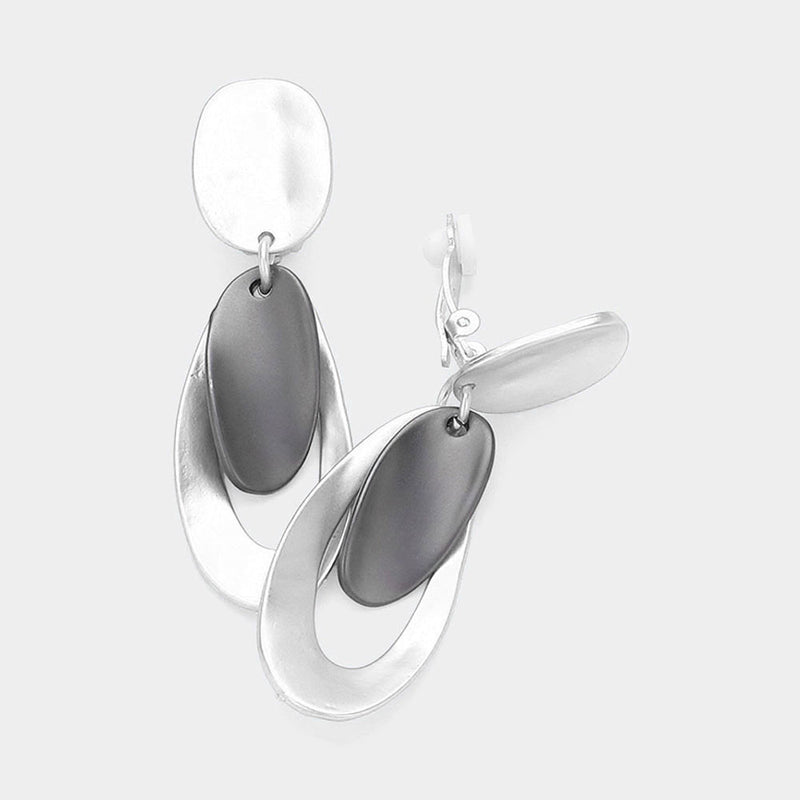 Clip on 2 1/4" matte silver and gray layered dangle earrings