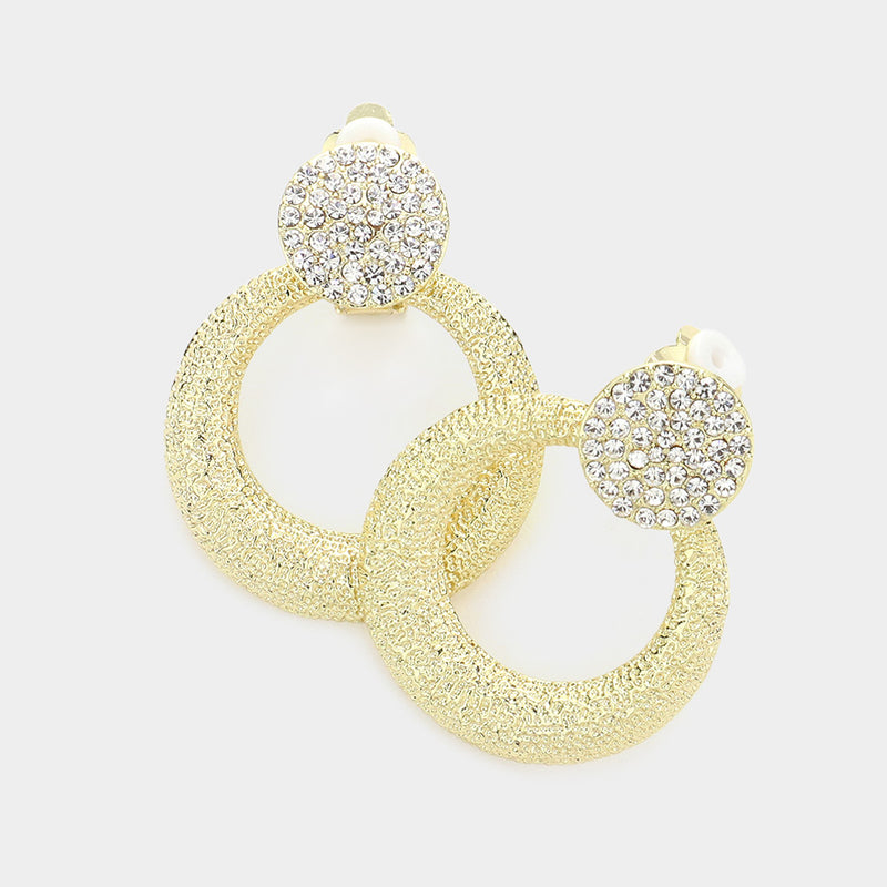 Clip on 1/2" silver double row star hoop earrings with clear stones