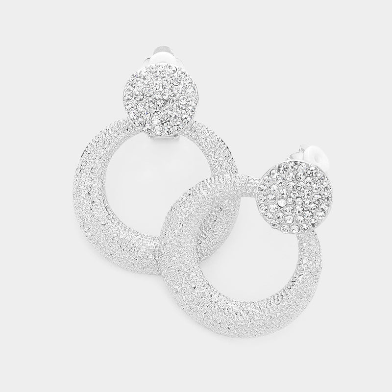 Clip on 1/2" silver double row star hoop earrings with clear stones