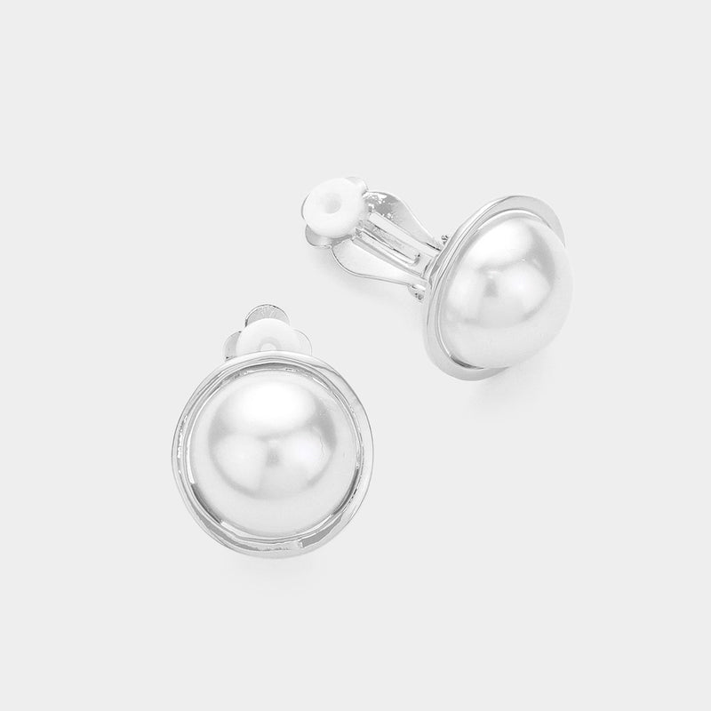 Clip on 1" silver edge white pearl button earrings