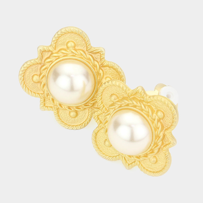 Clip on 1 1/4" matte gold round edge white pearl earrings