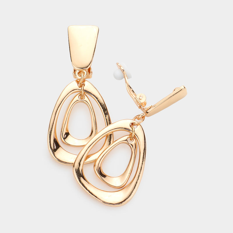 Clip on 2" gold double odd shaped teardrop dangle earrings