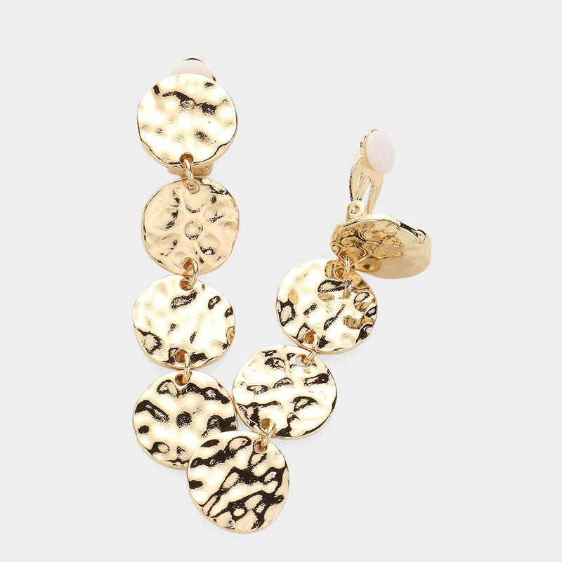 Clip on 2 1/2" hammered gold multi circle dangle earrings