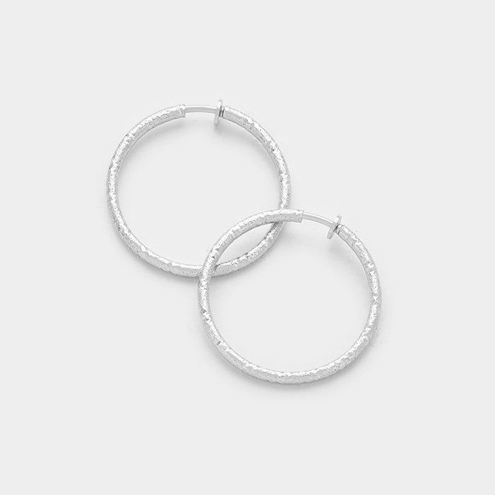 Clip on 2" silver indented doorknob dangle hoop earrings