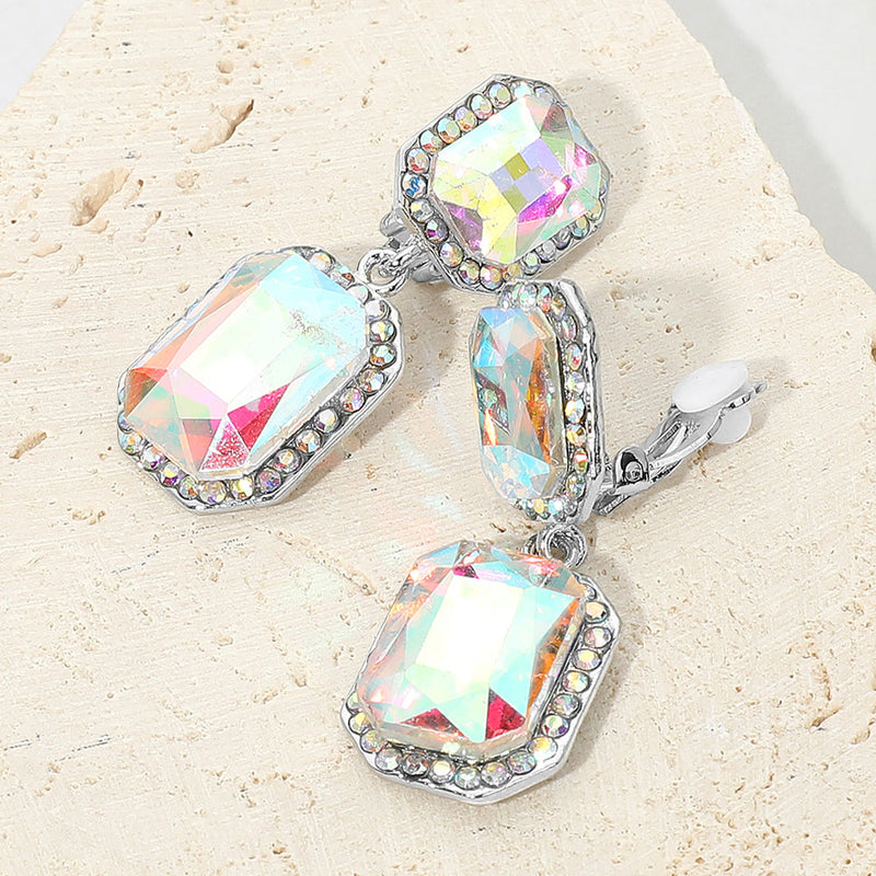 Clip on 1/2" silver double row star hoop earrings with clear stones