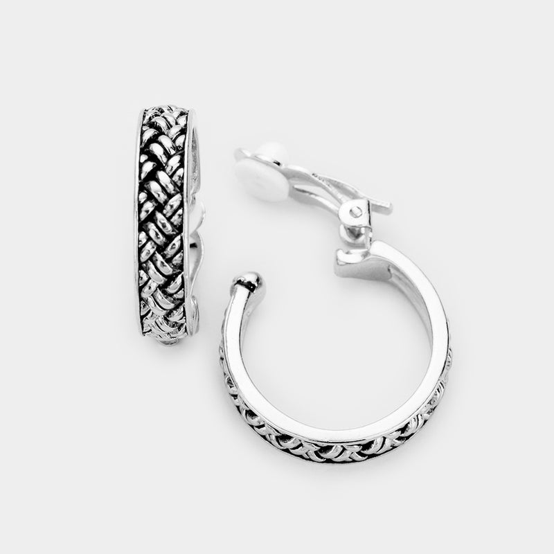 Clip on 1" silver and black woven center hoop earrings