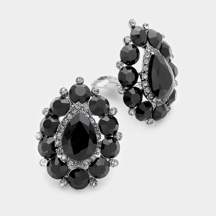 Beautiful 1 3/4" clip on silver and black stone teardrop earrings