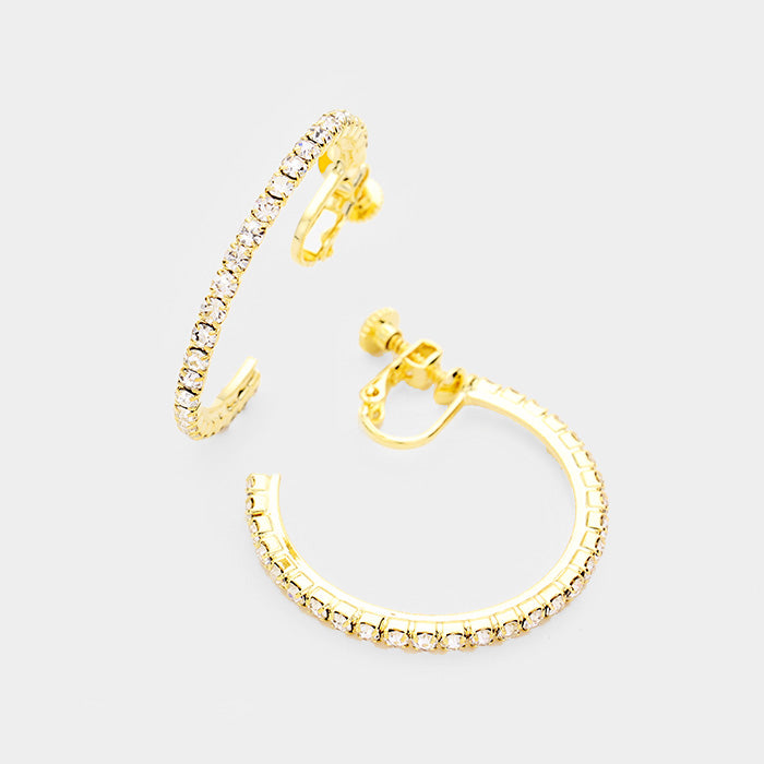 Trendy 1 1/4"clip on gold small open back clear stone hoop earrings