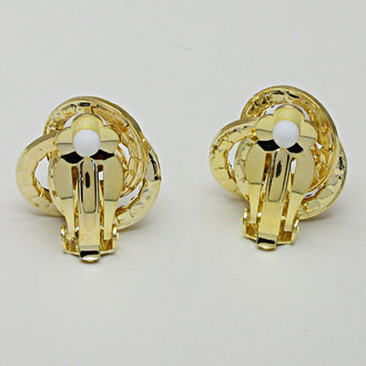 Clip on 3/4" small gold and clear stone knot button earrings