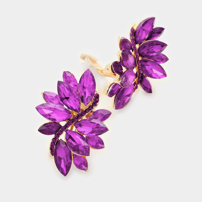 Beautiful 1 3/4" clip on gold and purple stone pointed flower earrings