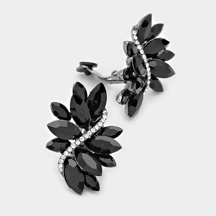 Clip on 1 3/4" gunmetal, black and clear stone pointed flower earrings
