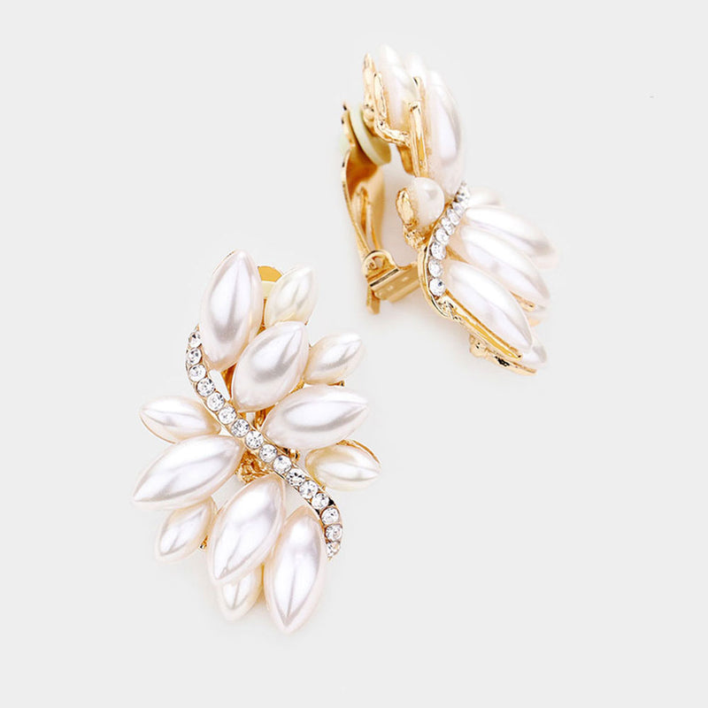 Clip on 1 3/4" gold & cream pearl pointed flower earrings w/clear stones