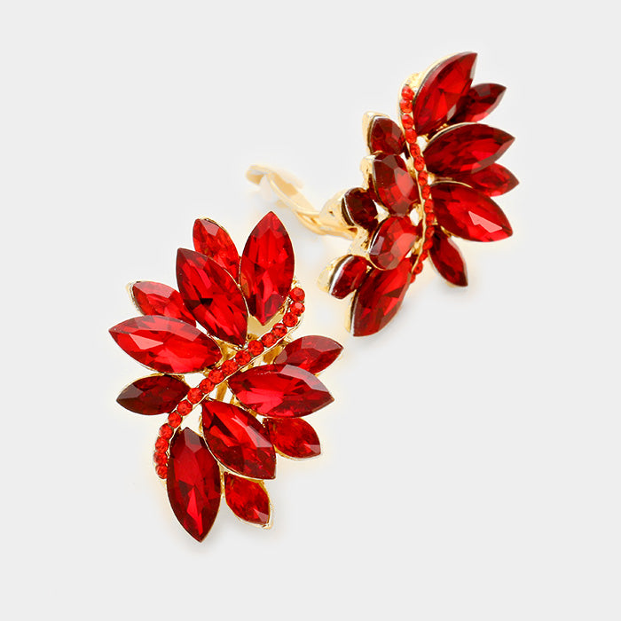 Clip on 1 3/4" gold and red stone pointed flower earrings