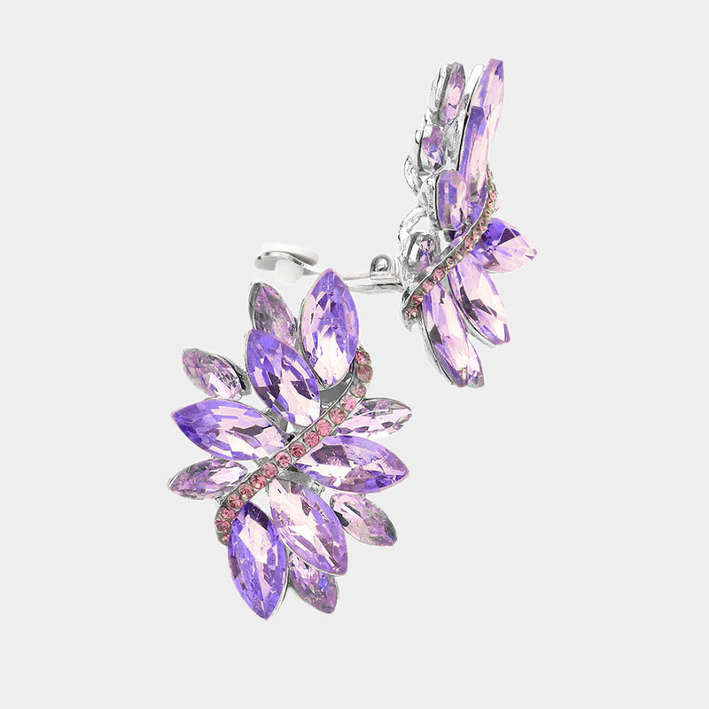 Beautiful 1 3/4" clip on gold and light purple stone pointed flower earrings