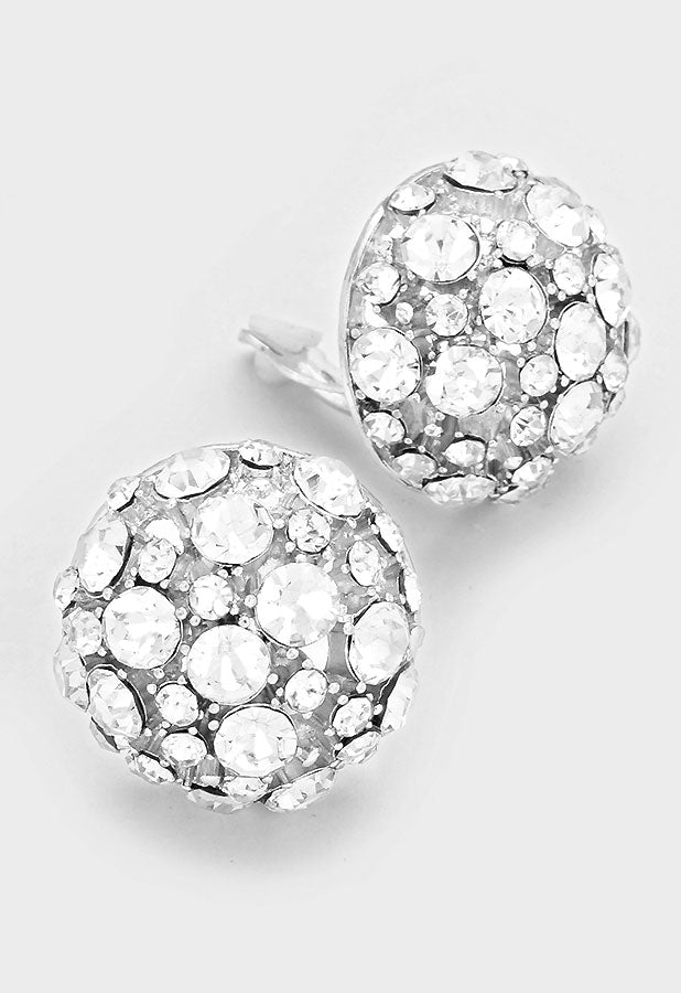 Trendy 1" clip on silver round raised clear stone earrings