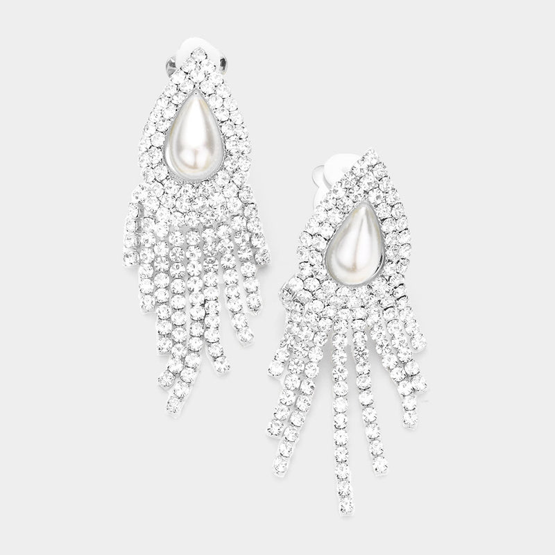 Clip on 2 1/2" silver teardrop pearl earrings w/dangle clear stones