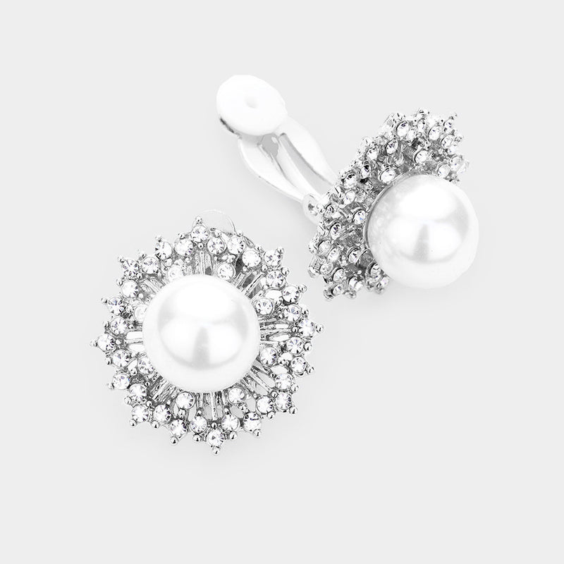 Classy 1" clip on silver pointed edge clear stone white pearl earrings