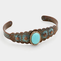 Western brass & turquoise stone adjustable cuff bracelet