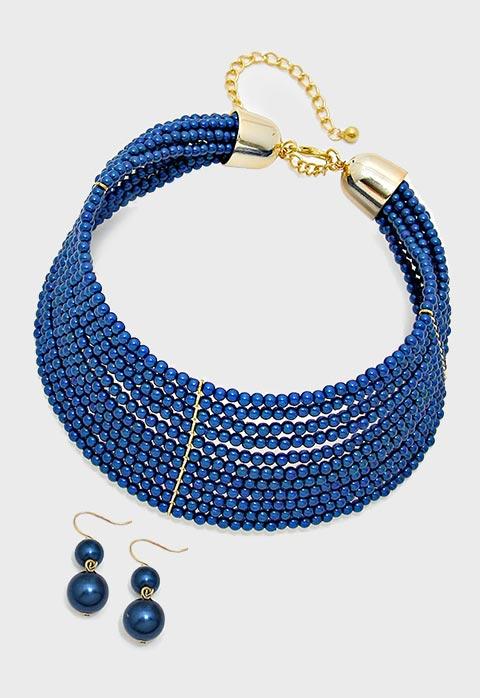 Pierced wire gold and blue bead choker necklace and earring set