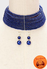 Pierced wire gold and blue bead choker necklace and earring set