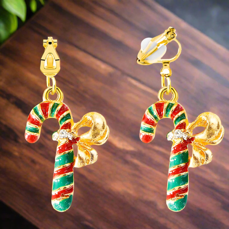 Clip on 1 1/4" gold, green & red candy cane dangle earrings