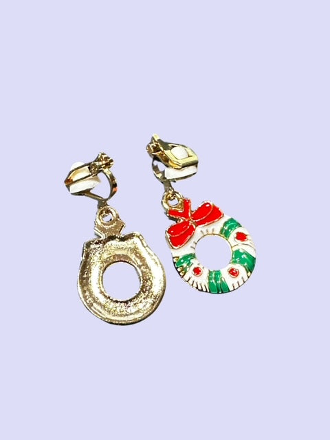 Clip on 1 1/4" gold white multi colored dangle wreath earrings