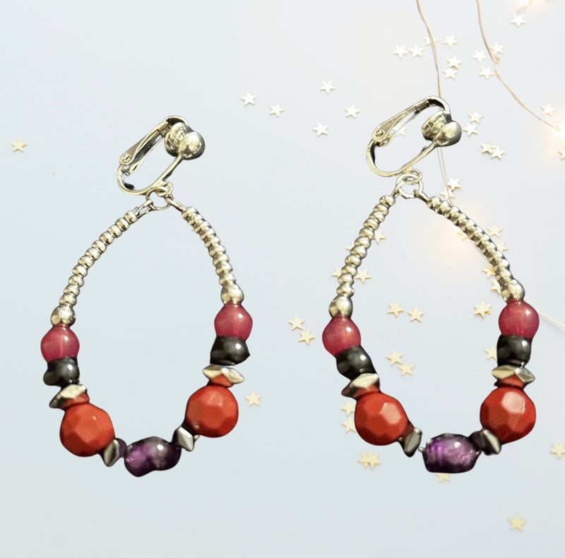 Clip on 2 1/2" silver, pink multi colored dangle hoop earrings