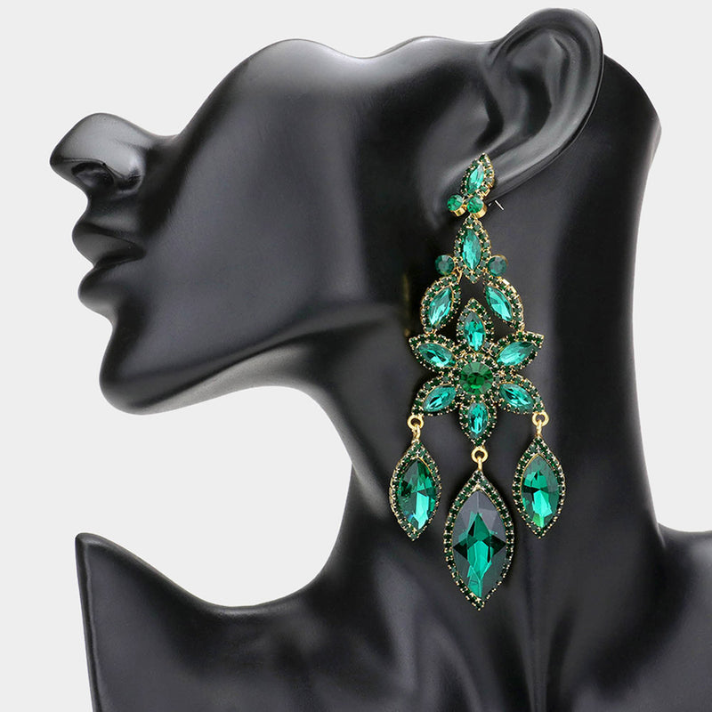 Pierced 4 1/2" long  gold & green stone pointed dangle flower earrings