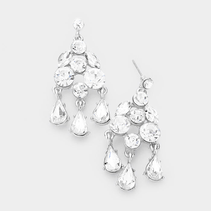 Pierced 2" silver round and teardrop clear stone dangle earrings
