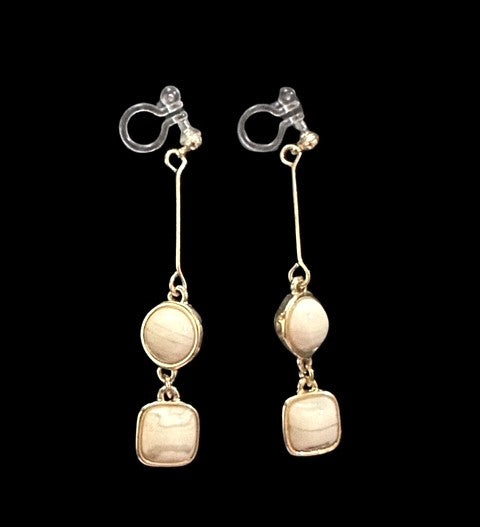 Clip on 2 1/4" comfort fit clasp gold wire and white bead dangle earrings