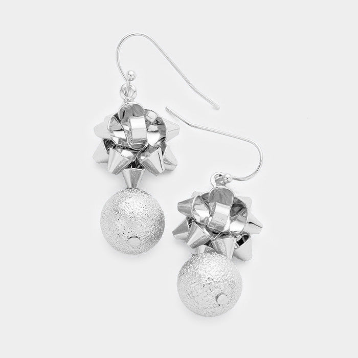 Pierced 1 3/4" silver Christmas bow and dangle ball earrings