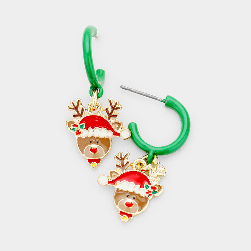 Pierced 1 1/2" gold & green multi colored hoop Christmas Bear earrings