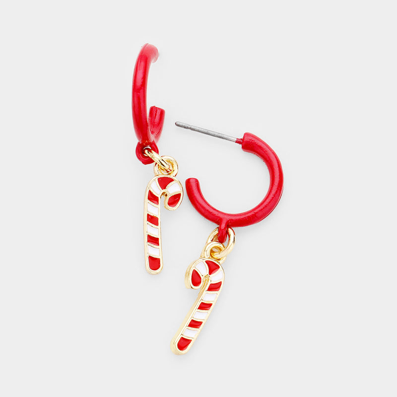 Pierced 1 1/2" gold & red multi colored hoop Candy Cane earrings