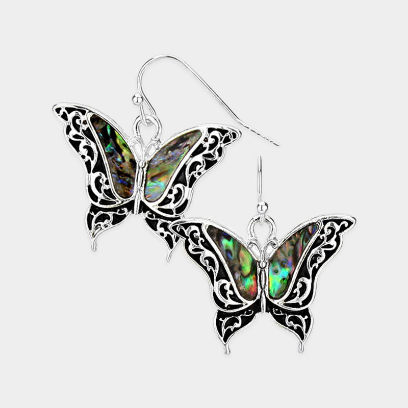 Pierced 1 1/4" silver and green marble butterfly dangle earrings