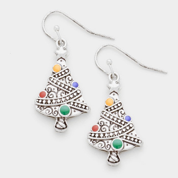 Pierced 1 3/4" silver textured multi colored Christmas Tree earrings