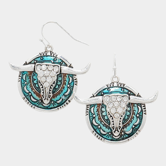 Western 1 1/2" pierced silver, turquoise, brown bull earrings w/clear stones