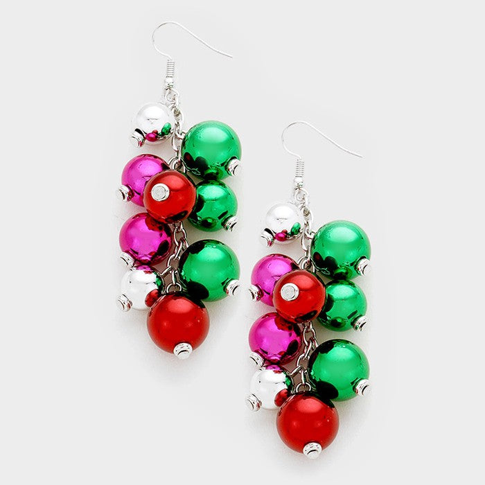 Pierced 2 3/4" silver, red, green multi colored bead cluster dangle earrings