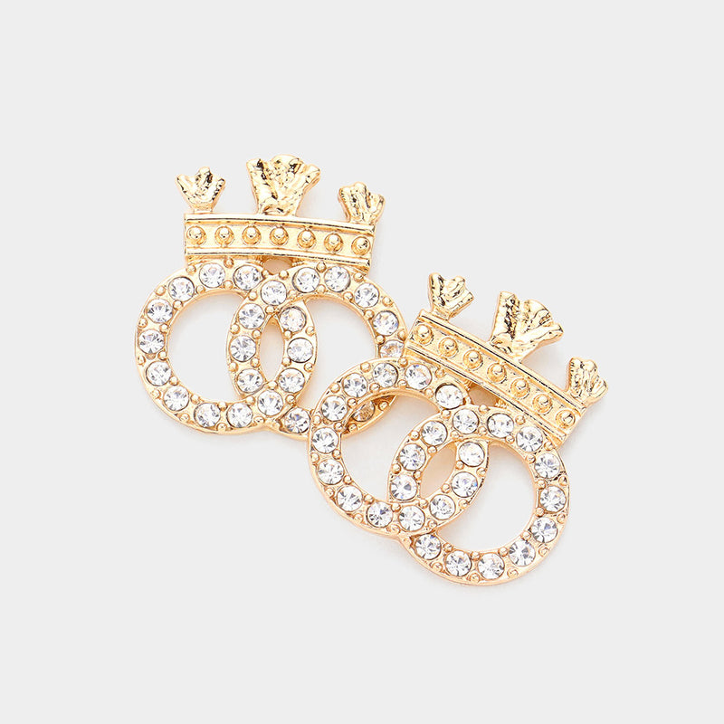 Pierced 1 1/4" gold and clear stone double circle crown earrings