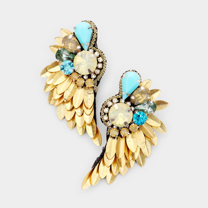 Pierced matte gold wing earrings w/turquoise & multi colored stones