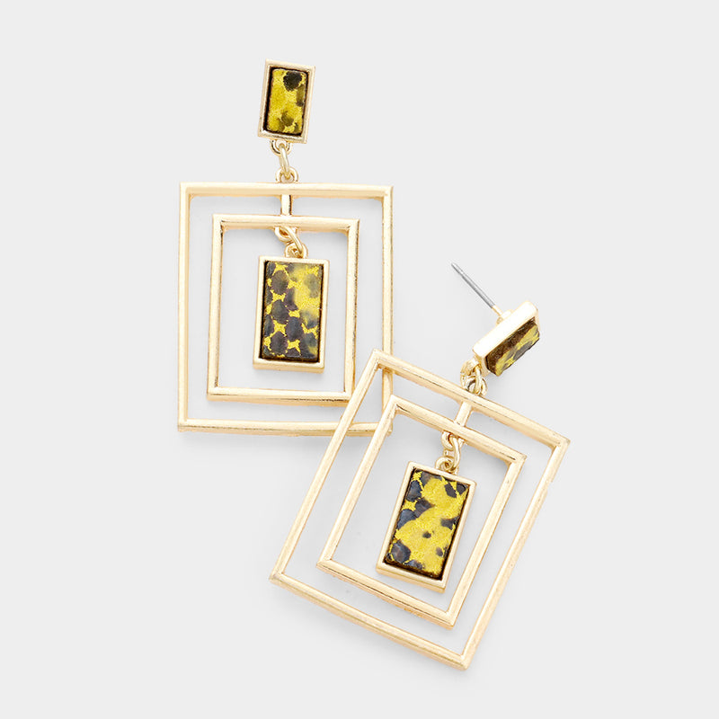 Pierced 1" gold square earrings with a turquoise and clear stones