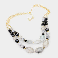 Pierced gold, gray & black bead two row necklace and earring set