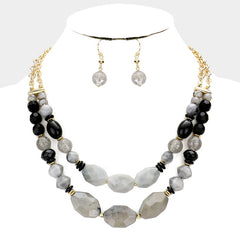 Pierced gold, gray & black bead two row necklace and earring set