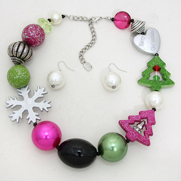 Pierced silver multi colored large bead Christmas necklace set