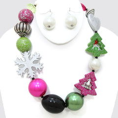 Pierced silver multi colored large bead Christmas necklace set
