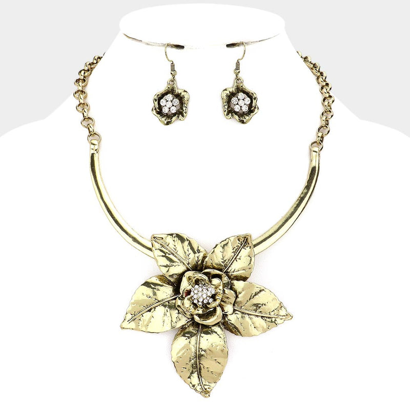 Pierced antique gold chain flower necklace & earring set w/clear stones